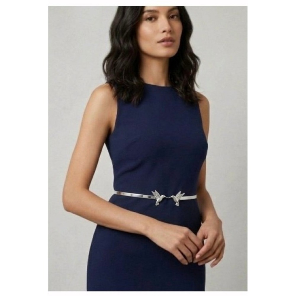 Silver Hummingbird Stretch Belt Metallic Thin Elastic Waist Cinch One Size